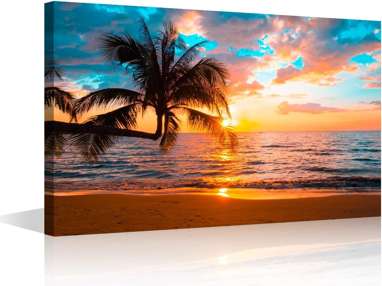 Canvas Wall Art for Living Room Bathroom Wall Decor Sunset Beach Sea Coconut Tree Ocean Landscape Painting Ready to Hang Home Decorations for Office Canvas Prints, 24x16in — image 1