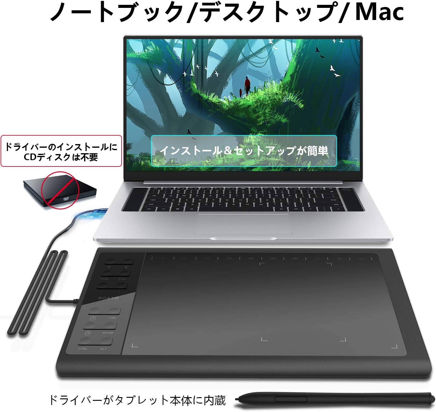 Amazon Bosto ペンタブレット ペンタブ 10x6インチ 携帯接続可 電源不要ペン 8192レベル筆圧 カスタマイズ エクスプレスキー12個 Windows Mac対応 イラスト入門用 Bosto ペンタブレット 通販