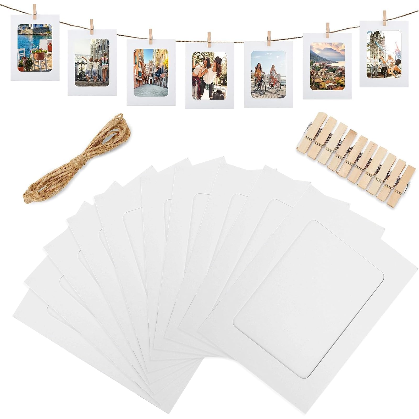 AIBAOBAO 10Pcs White Picture Frames Home Decor, 4"x6" Paper Photo Cardboard Frames Flim DIY Wall Picture Hanging Frame Album+Rope+Wooden Clips Set Great for Home School or Party Decor 10x15 cm