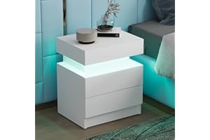 CHF DPT LED Nightstand with 2 Drawers, Small Modern Nightstand with LED Lights and Countertop Storage, High Glossy Bedroom Nightstand for Bedroom and Living Room (White)