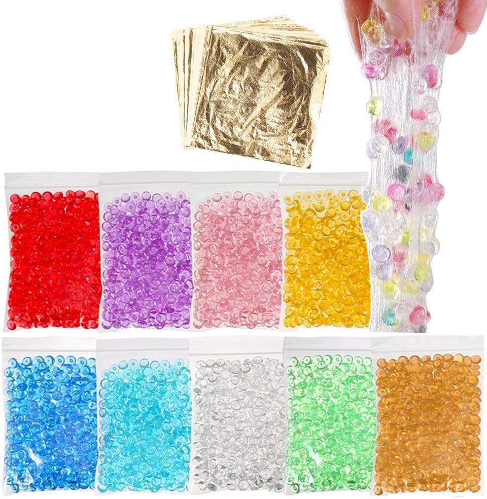 10 Pack Fishbowl Beads - 300g DIY for Crunchy Slime,Glitter Color Vase Filler,Free 10Pcs Gold Leaf Sheets for Craft Homemade Party Decoration