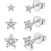 Sterling Silver Stud Earrings for Women, Tiny Flower Earrings Set, Small Cubic Zirconia Helix Earrings Dainty Tragus Cartilage Studs Cherry Blossom Ear Piercing Jewelry Gifts for Teens