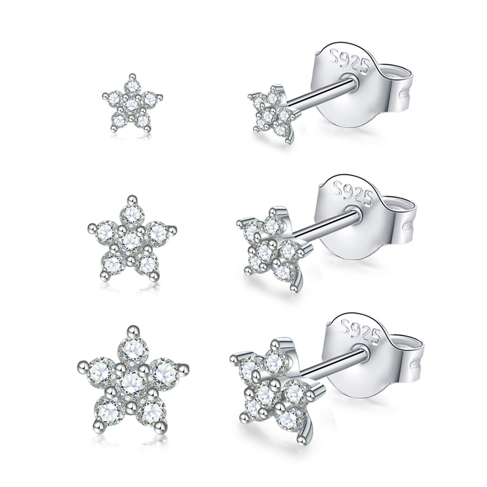 Silver Stud Earrings for Women Girls, Tiny Flower Stud Earrings Small 925 Sterling Silver Hypoallergenic Cubic Zirconia Helix Cartilage Earrings Piercing Sleeper Studs, 3mm/4mm/5mm
