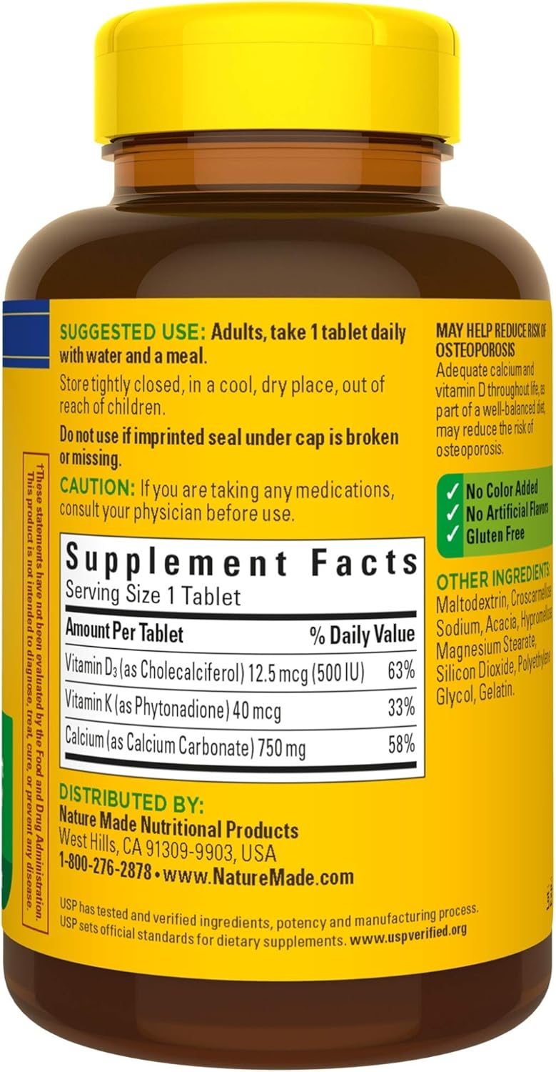 Nature Made Calcium 750 mg Tablets w. Vitamin D and K, 100 Ct for Bone Health† (Packaging May Vary): Health & Personal Care