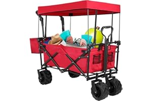AthLike 250Lbs Capacity Foldable Utility Cart with Removable Canopy and Pockets, Red, Portable, Adjustable