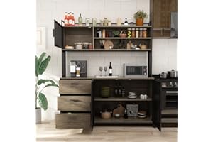 AGOTENI Large Kitchen Hutch Cabinet, Storage Cupboard Pantry with 3 Metal Doors, 3 Drawers & Microwave Shelf, for Kitchen Open Storage, Walnut (59" W x 15.7" D x 68.5" H)