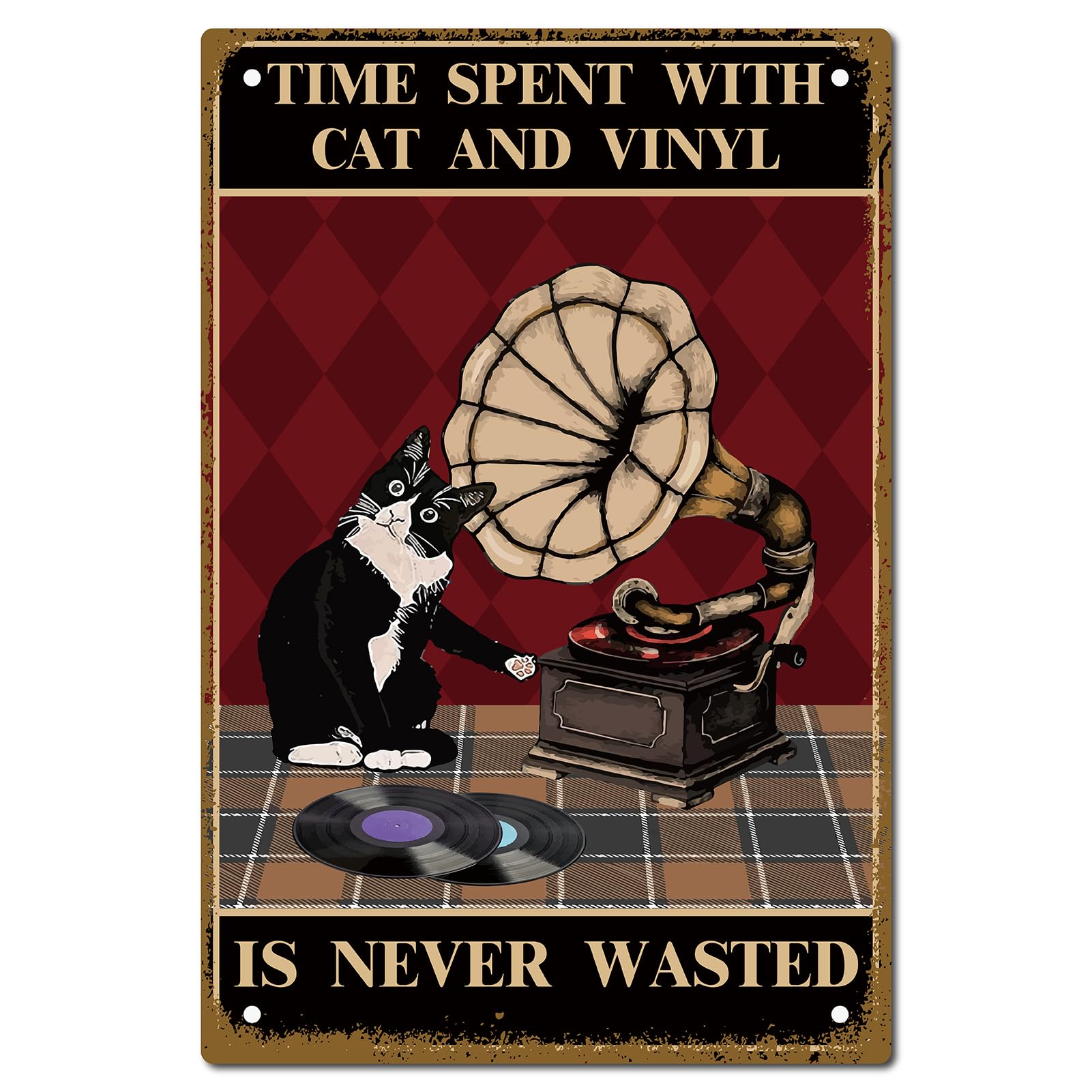 CREATCABIN Black Cat Metal Tin Sign Decor Time Spent With Cat And Vinyl Is Never Wasted Metal Poster Kitty Wall Art Decor Sign Plaques for Bathroom Garden Home Decor Restroom Bedroom Cafe 8 x 12Inch