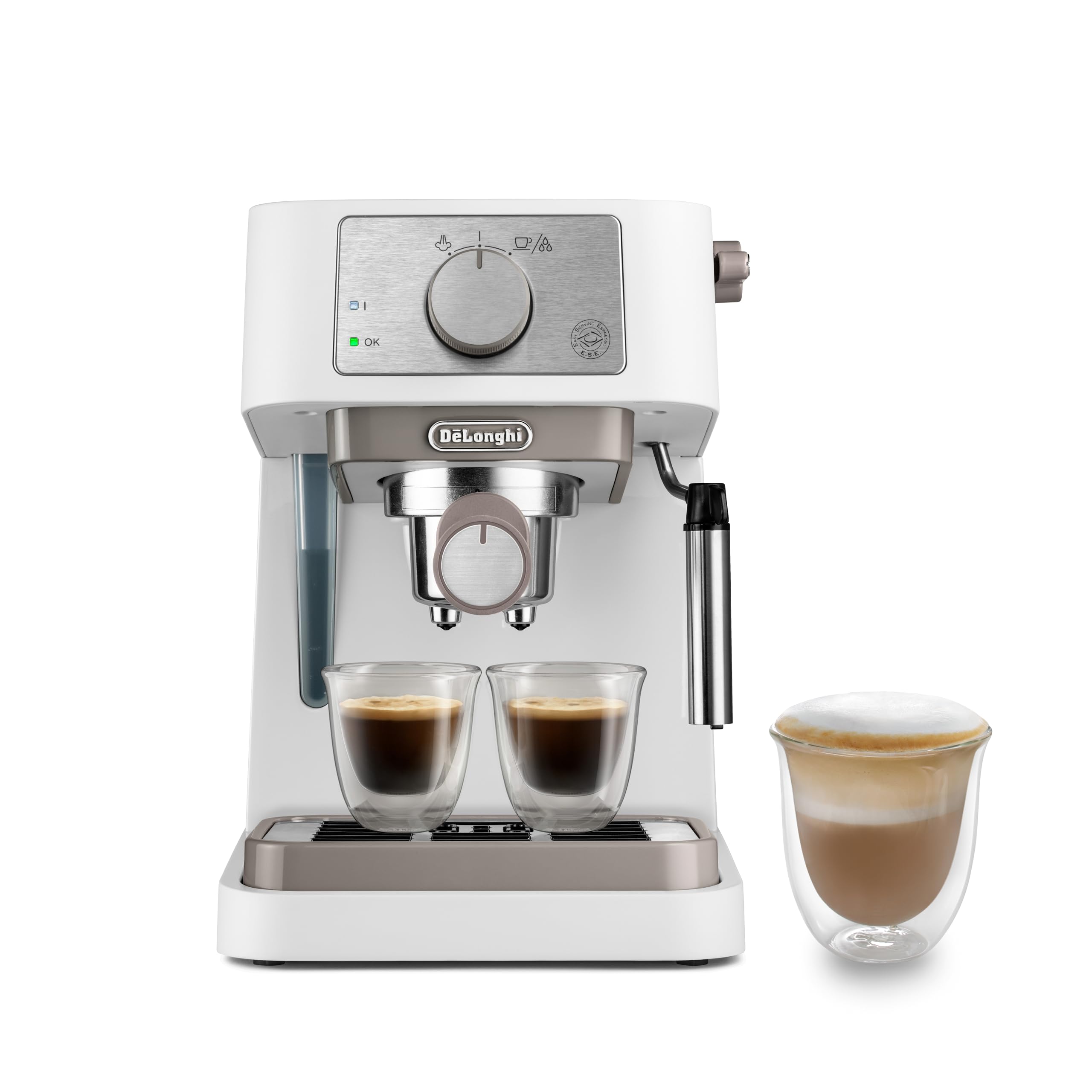 De'Longhi Stilosa EC260.W, Macchina da Caffe per Polvere o Cialde E.S.E., Sistema Latte Manuale per Cappuccino, Serbatoio Estraibile da 1.1 L, Caldaia Acciaio Inox, Spegnimento Automatico, Bianco