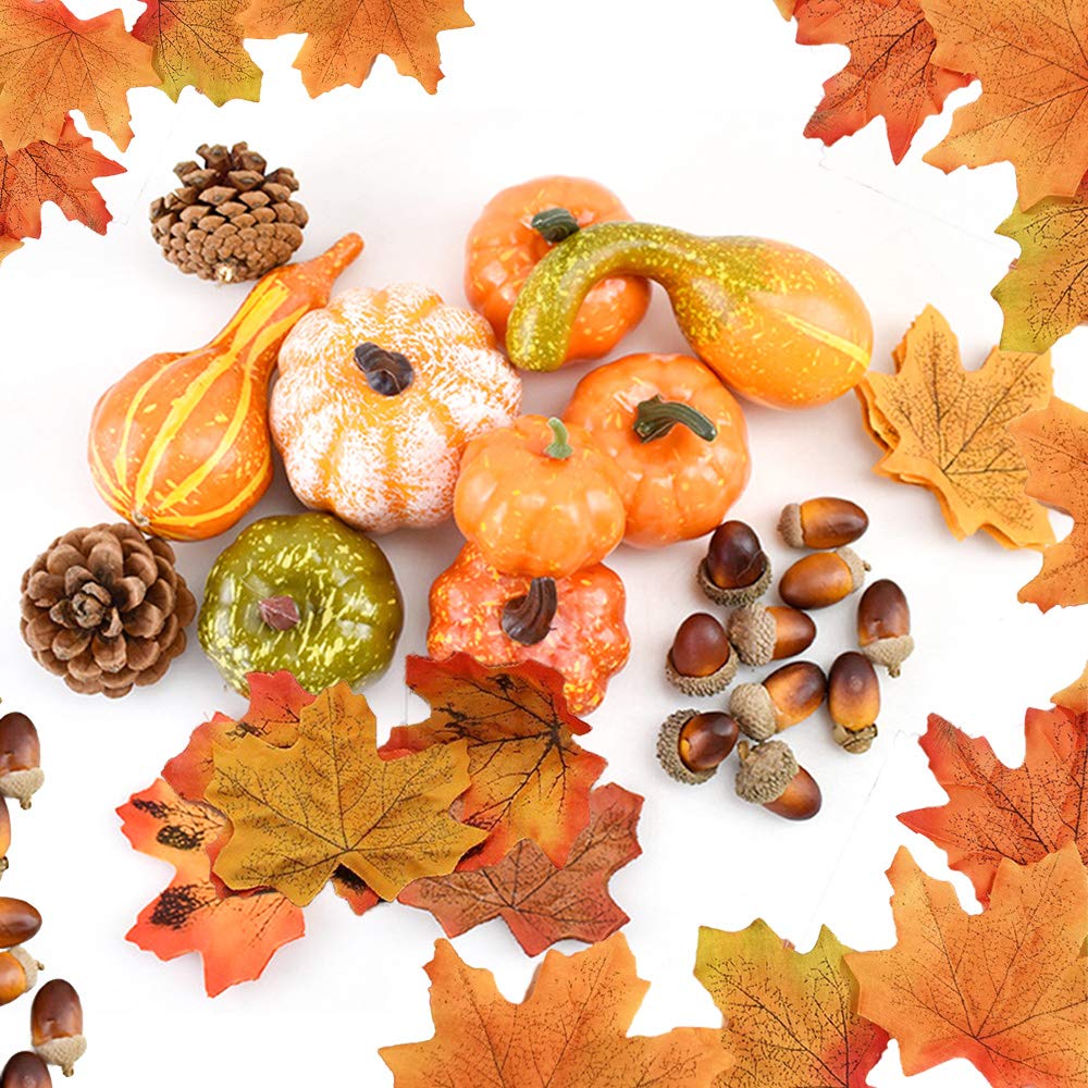 DOJoykey 70pcs Thanksgiving Decoration Set, Artificial Maple Leaves, Harvest Pumpkin, Small Acorns, Pine Cones and Gourds for Autumn, Fall and Halloween Home Party Decoration — image 1