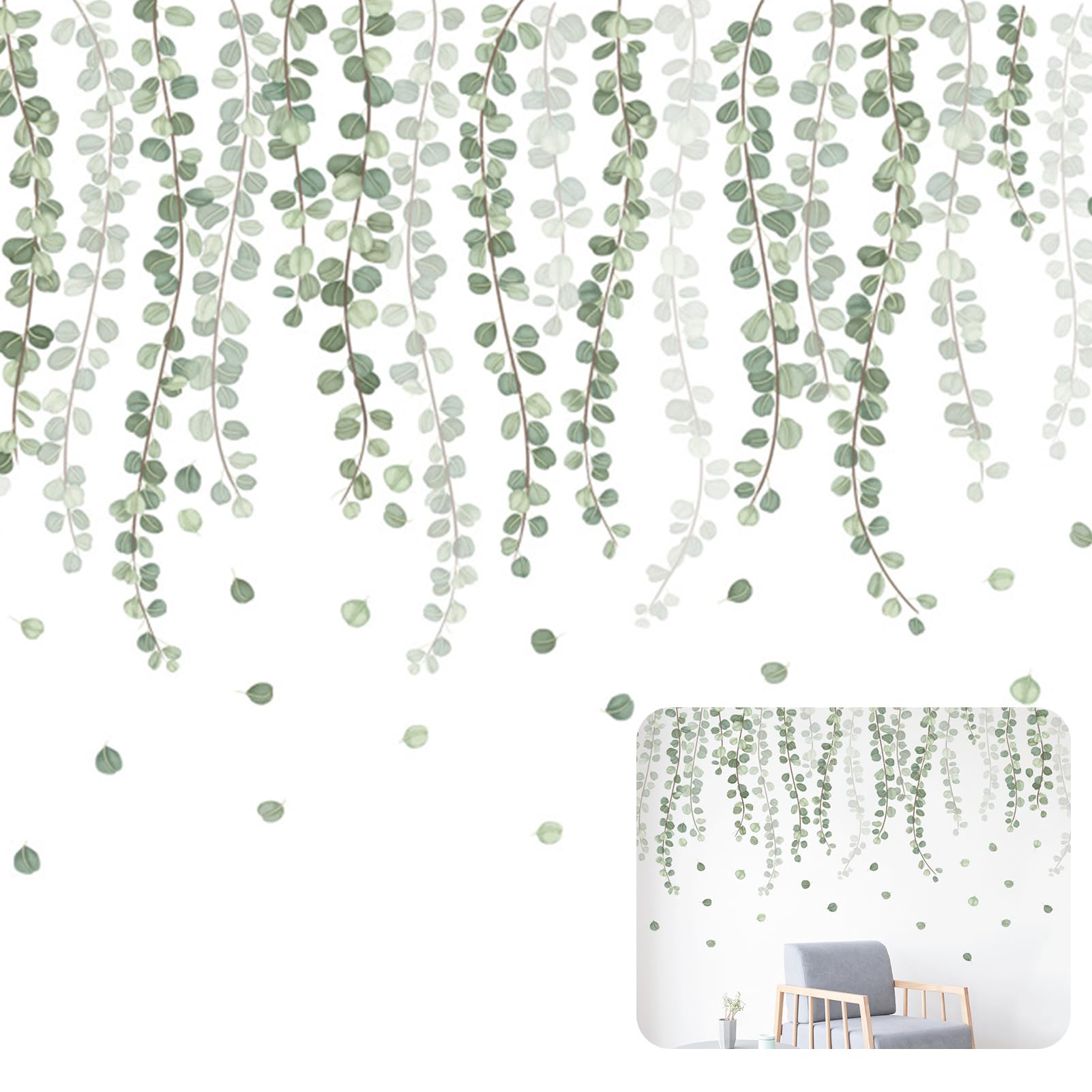 2 PCS Hanging Vine Wall, Decals Hanging Flora Decor Removable Home Decor Art Stickers Nature Plants Flower Leaves for Bedroom Living Room Sofa TV Background Wall Peel and Stick (30 * 90 CM)
