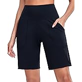 Oalka Women's High Waisted Shorts Yoga Workout Bermuda Long Hiking Shorts with Pockets