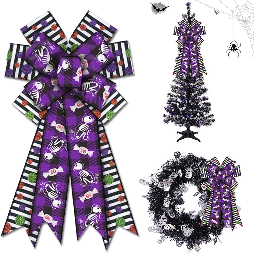 Bows & Ribbons - Estivaux Large Halloween Bows for Wreath, Skull Cat Wreath Bows Purple Buffalo Plaid Bows Glitter Dots Stripes Burlap Bows Halloween Tree Topper Bows for Front Door Halloween Party Decorations