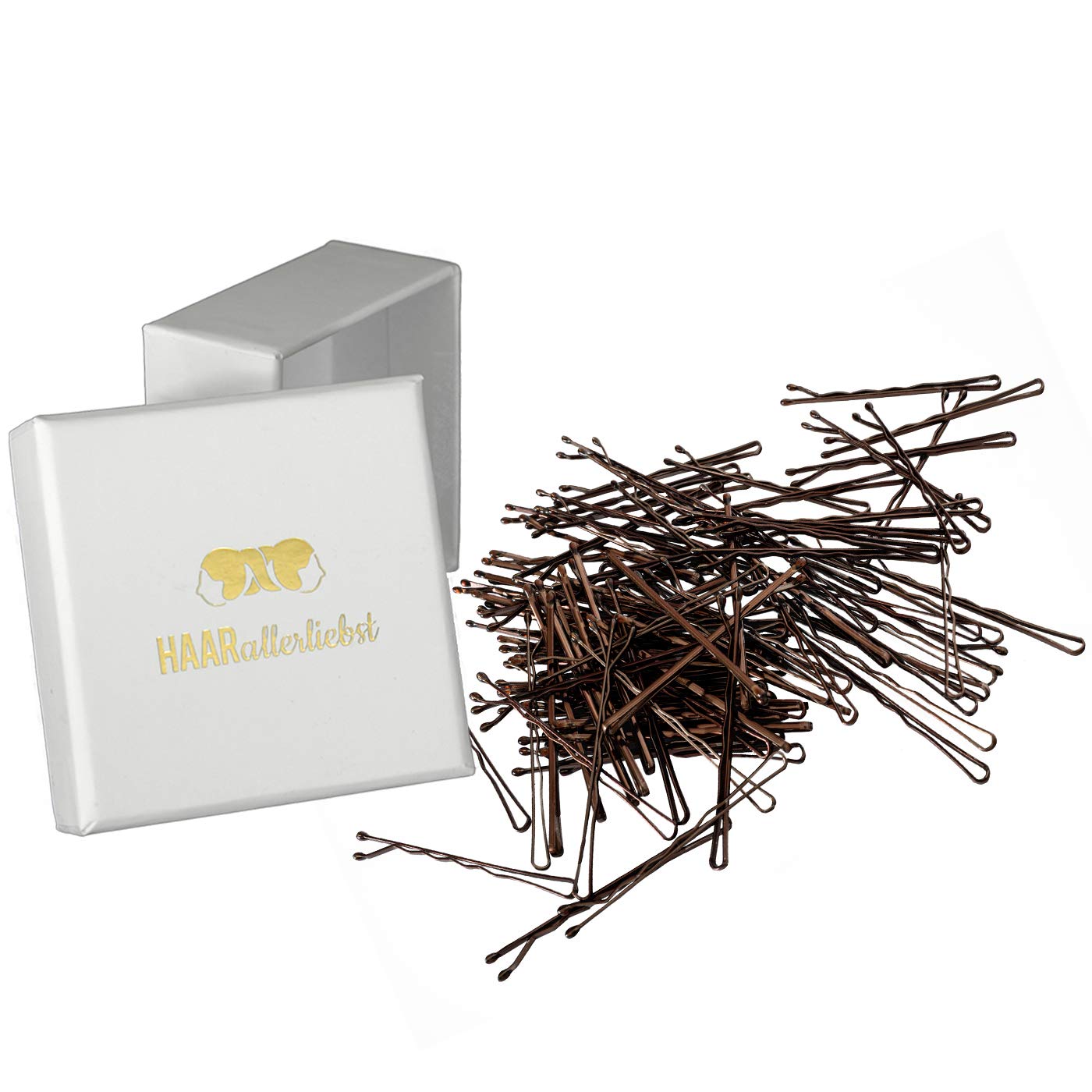 HAARallerliebst Hair Clips (100 Pieces | Brown | 5 cm) with Box for Storage (Glossy; Box Colour: White)
