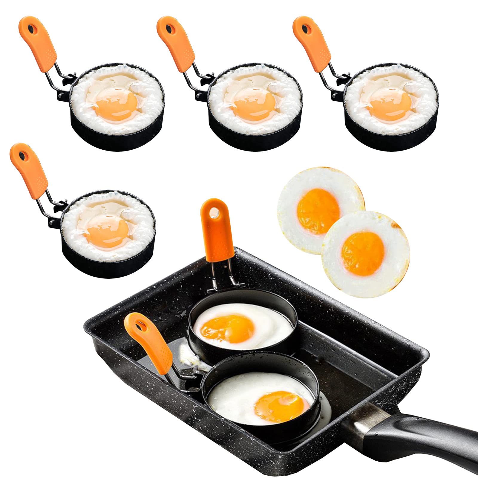Egg Ring Poacher Cooker Holder Cups Mold Rings with Silicone Brush & Handle Anti-Scald for Frying Eggs, 4 Pack Round