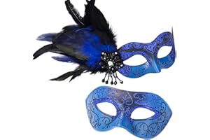 MYSEUNI Blue Masquerade Mask for Couple - Venetian Mask with Feathers for Women & Men, Masquerade Party, Mardi Gras, Halloween Cosplay, Prom, Christmas