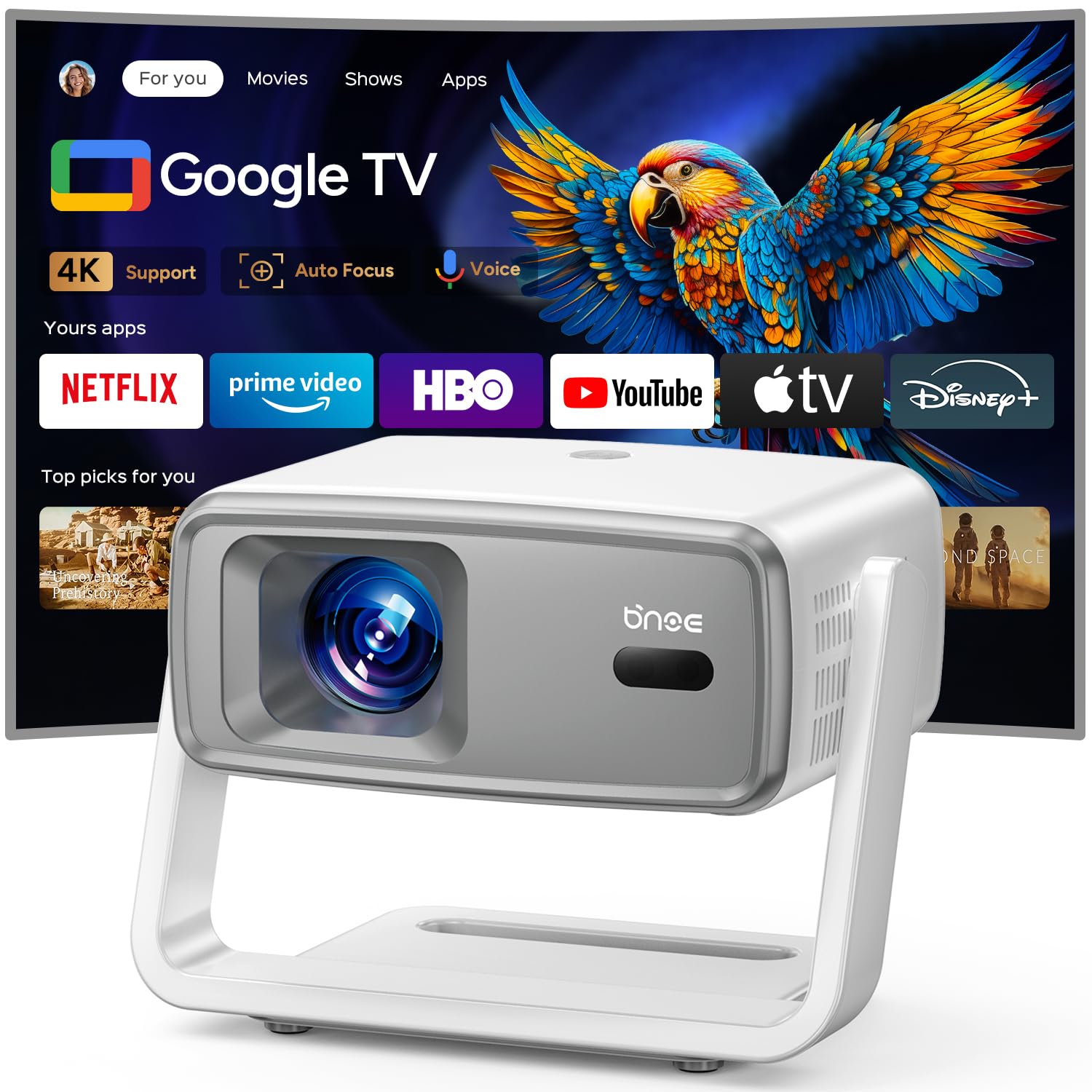 Photo 1 of Bnoe 4k Projector with WiFi and Bluetooth, 1800 ANSI Outdoor Smart Projector 4k Auto Focus & Voice Control, Built-in 10,000+ Apps Native 1080P Mini Portable Movie Proyector for Home Theater