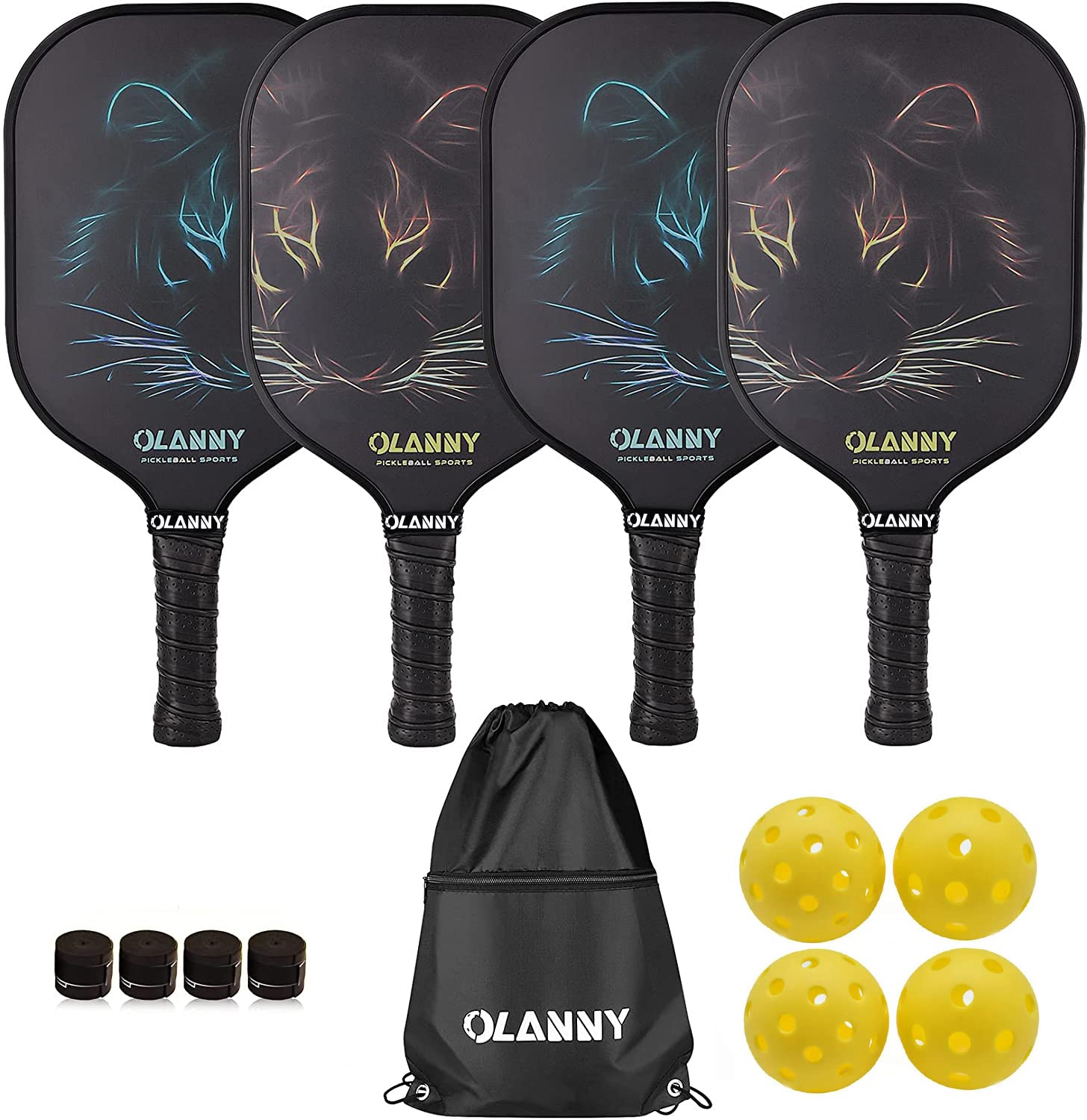 Photo 1 of OLANNY Pickle Ball Raquette Set of 4 Lightweight Pickleball Paddle Set Premium Comfort Grip Polymer Honeycomb Core Set of Four Paddles,4 Replacement Soft Grip,4 Balls & Drawstring Bag