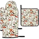Boho Mushroom Decor Oven Mitts and Pot Holders Sets of 3 Hot Pads Cute Botanic Plant Beige Oven Gloves Heat Resistant Non Slip Washable for Kitchen Cooking Grilling Baking