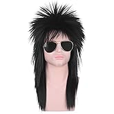 morvally Unisex Long Black 70s 80s Mullet Cher Glam Rock-Rocker Cosplay Wigs for Women and Men’s Halloween, Themed Costume Party