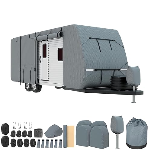 Mofeez Travel Trailer Cover 30-33 ft, Extra-Thick Upgraded 7 Layers Camper Covers 30-33 with Roof Top ac RV Cover Windproof Waterproof Rip-Stop- 2Pcs Extra Straps & 4 Tire Covers