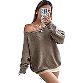 SKAYS Women's 2025 Off The Shoulder Sweater Oversized Chunky Sweater Loose Long Sleeve Trendy Cute Pullover Fall Outfits Light Brown L