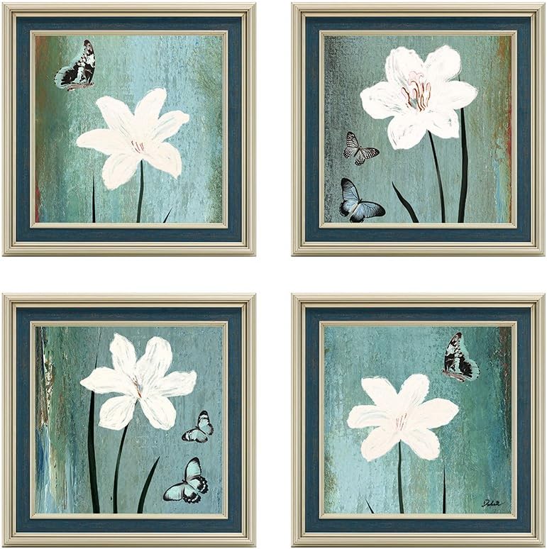 Dzhan Lily Wall Decor Wall Art Canvas Prints Oil Paintings Stretched Set of 4 Pieces Blue Landscape Flower Modern Abstract Ready to Hang for Living Room Bedroom Office(16x 16 Inch) (Lily)