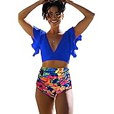SPORLIKE Women Ruffle High Waist Swimsuit Two Pieces Push Up Tropical Print Bikini