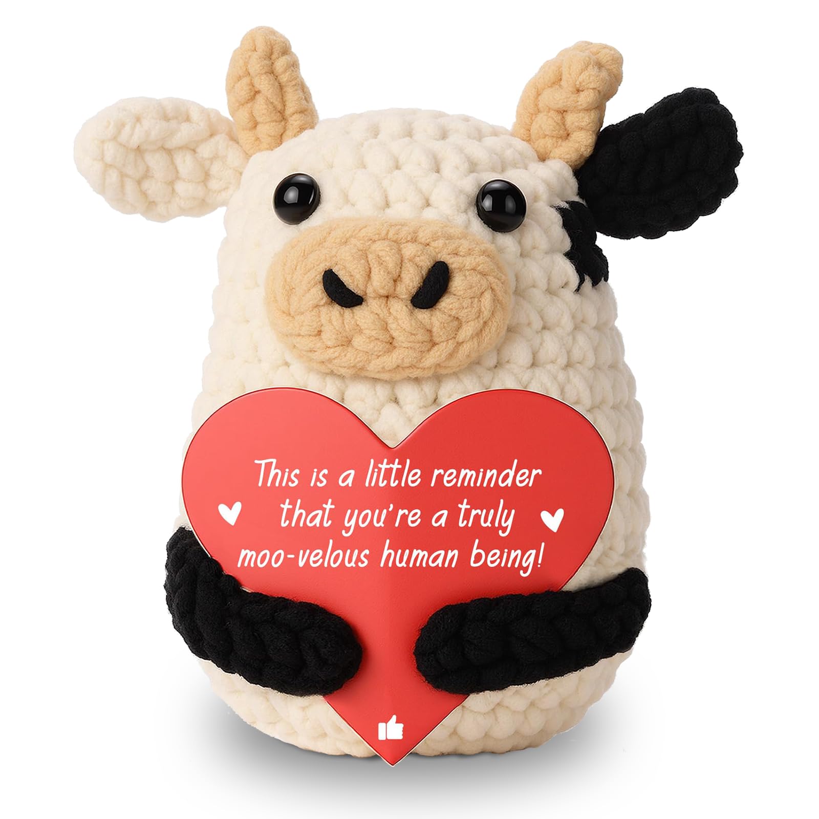 Qubitly Mini Inspirational Positive Cow Plush, Handmade Crochet Animal, Good Luck Gifts, Emotional Support Gift, Positive Crochet Animals, Emotional Support Crochet, 2.5x2.1x3.1 Inches