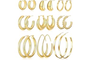 YEEZII 9 Pairs Chunky Gold Hoop Earrings Set for Women, 14K Gold Plated Lightweight Hypoallergenic Thick Open Hoop Earrings for Gift