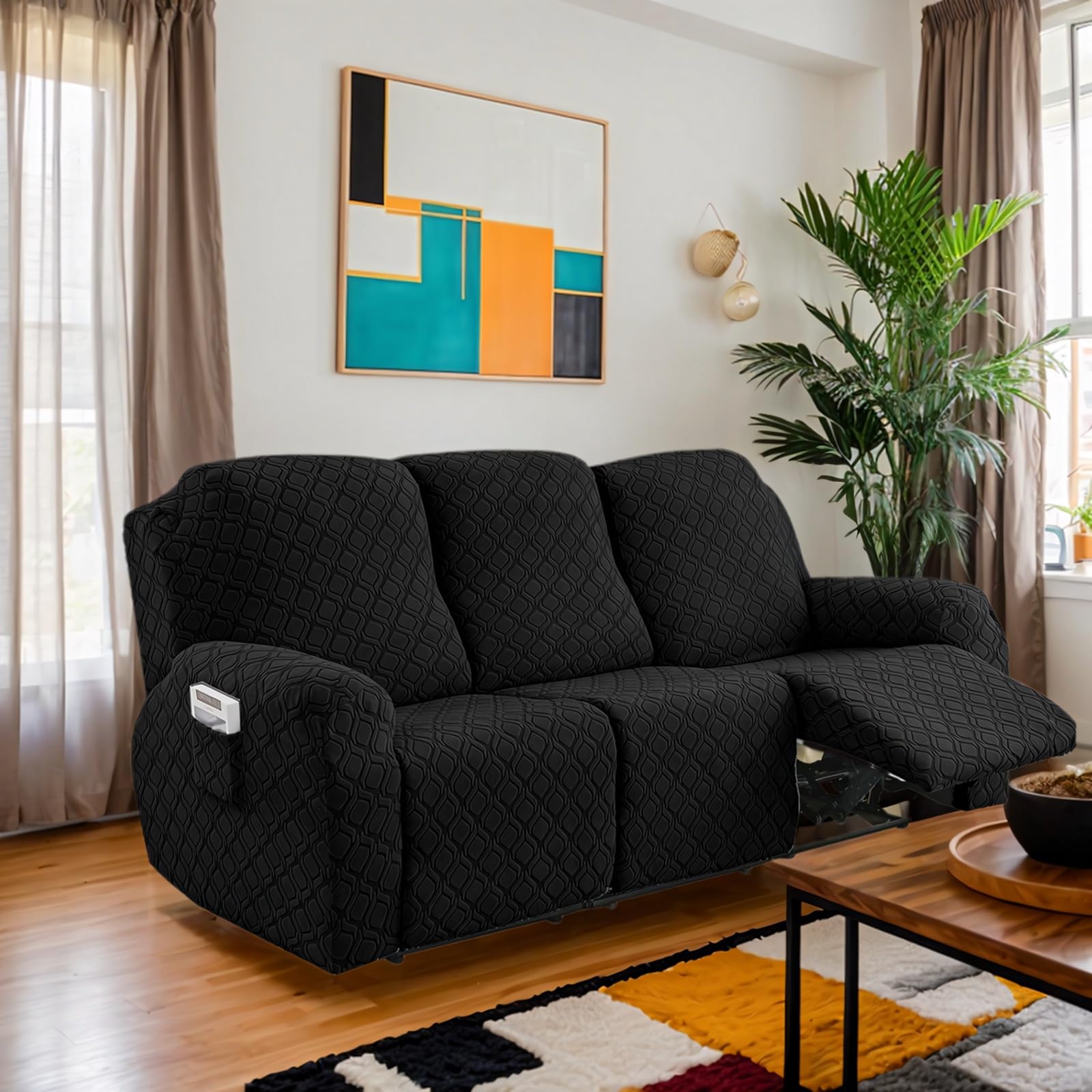 OKUYUK Recliner Chair Cover, 8-Pieces Stretch Recliner Covers for Recliner Chair Soft Reclining Chair Slipcover Furniture Protector for Dogs Cats (Black, 3 Seater)