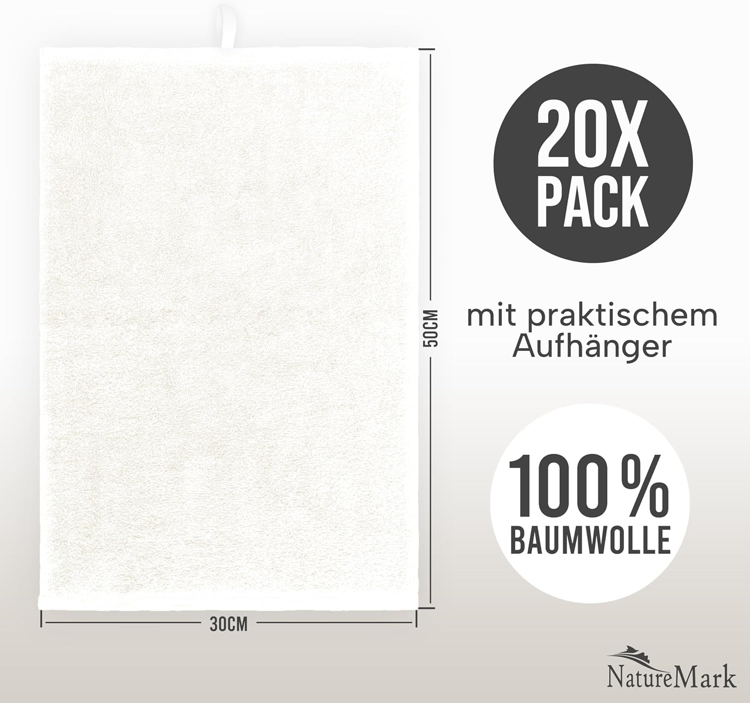 NatureMark Gästetücher – 20er Pack (30x50 cm), 100% Baumwolle, Oeko-TEX Zertifiziert, weich, saugfähig und pflegeleicht – Für Bad, Gäste & Spa – Natur/Creme 2