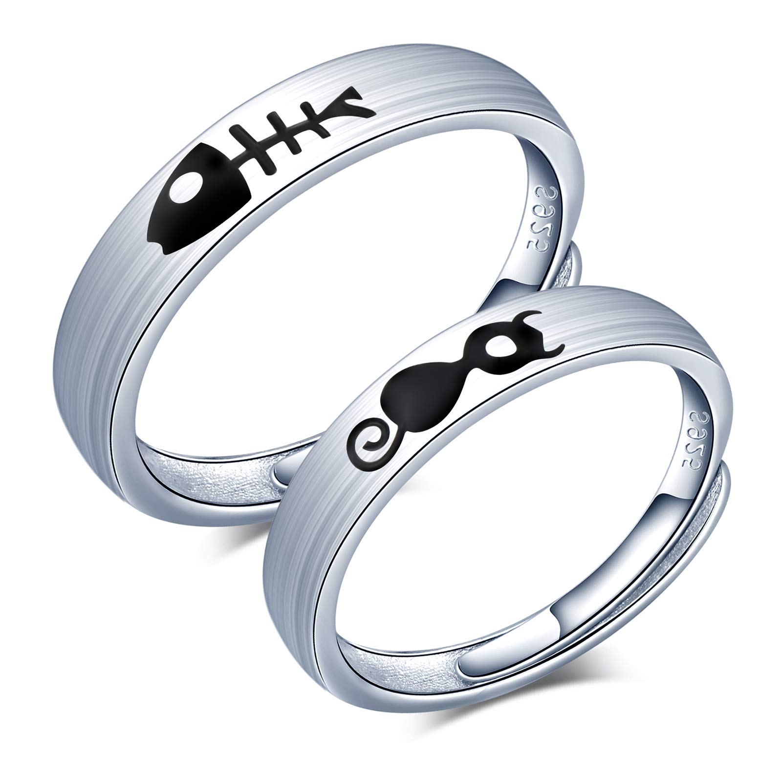CPSLOVE Couple Ring for women and men, 925 sterling silver wedding ring, Adjustable open ring, Cute kitten and fish engagement ring, women's ring, men's ring