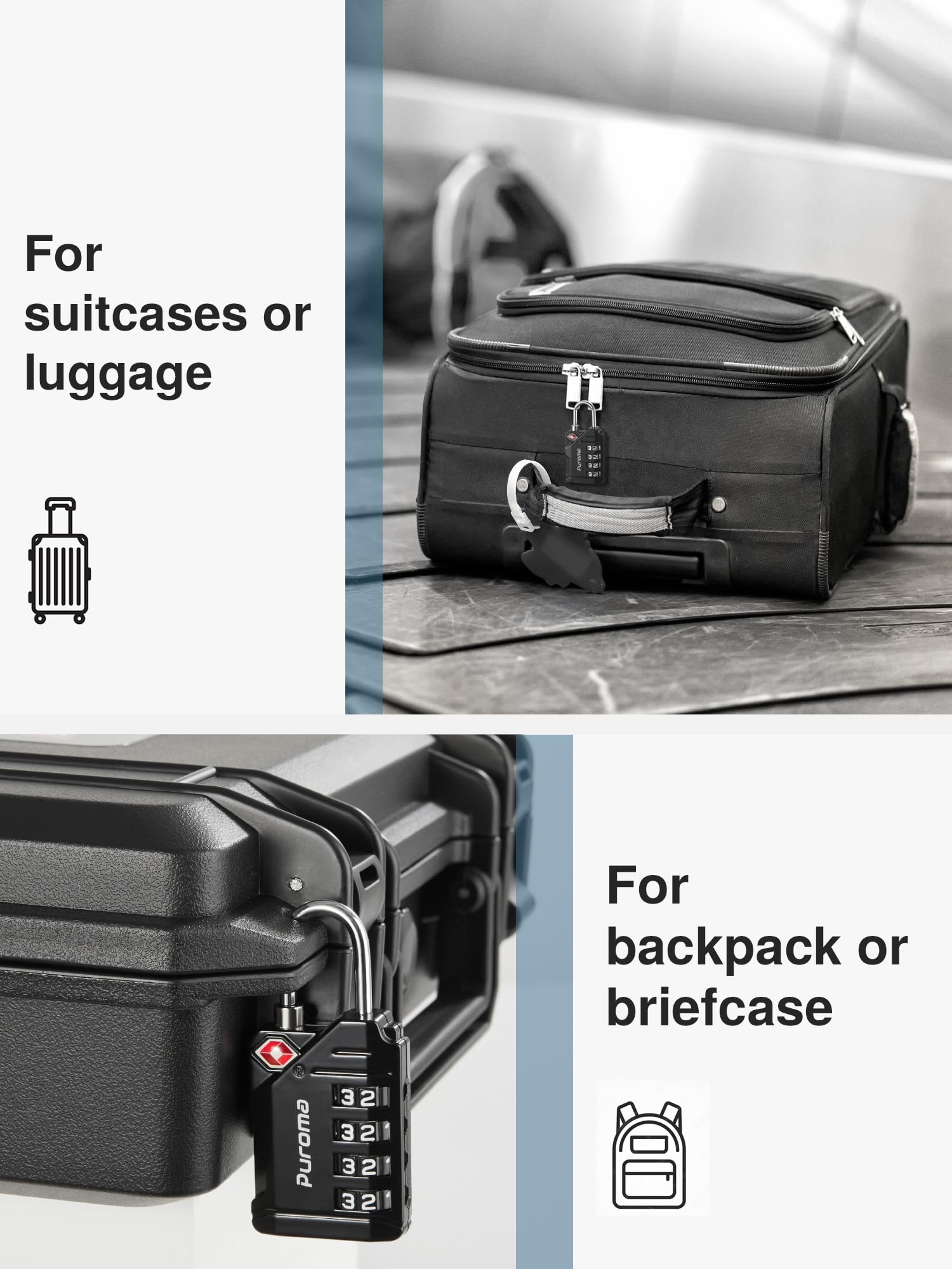 Puroma TSA Approved Travel Luggage Locks, 2 Pack Black 4 Digit Resettable Combination Code Lock with Zinc Alloy Body for Suitcase, Backpack, Laptop Bag, Gym Locker, Toolbox