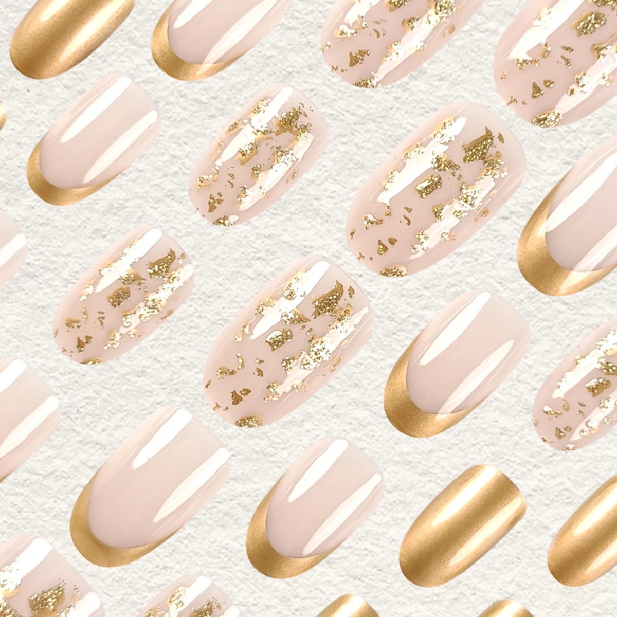 Gold French Tip Press on Nails Medium Fake Nails Almond False Nail Tips Gold Glitter Artificial Nails Design Full Cover Glue on Nails Art Accessories for Women Nail Decoration 24pcs - Image 3