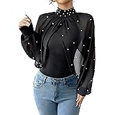 QIANZHIDU Women's Mock Neck Pearl Embellished Sheer Cape Long Sleeve Crop Blouse Shirt Top