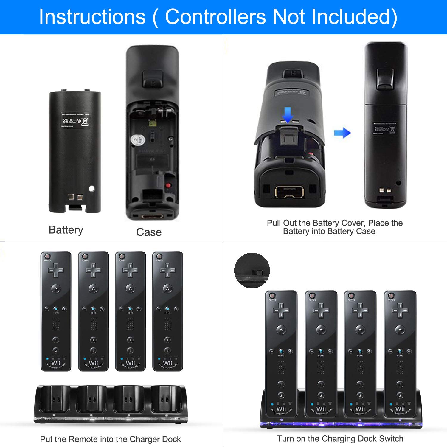 Wii Remote Battery Charger, Moclever 4 port Charging Station Dock with 4 Rechargeable Capacity
