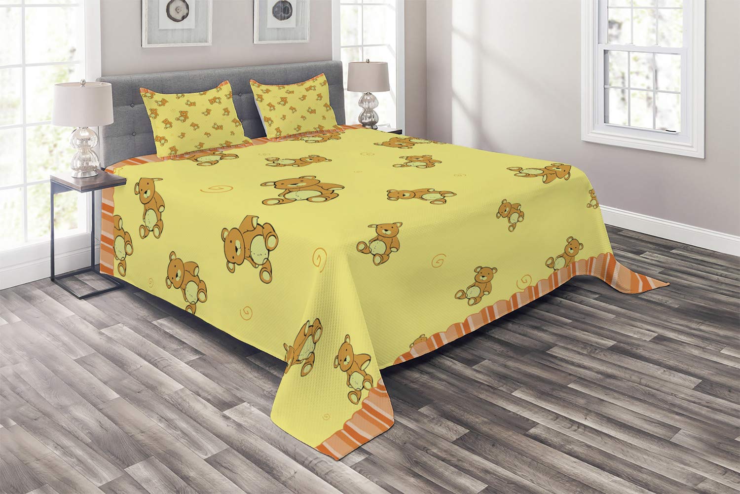 Lunarable Retro Coverlet Set Twin Size, Cute Teddy Bears Pattern Retro Funky Childish Toddler Nursery Design Print, 2 Piece Decorative Quilted Bedspread Set with 1 Pillow Sham, Apricot Orange Yellow
