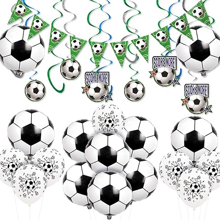 Amazon サッカーパーティー飾り フットボール吊り下げ渦巻き 風船 子供 大人 三角バナー ブラックホワイト 1歳誕生日飾り 運動会 応援パーティー お店 部屋装飾 風船 バルーン おもちゃ