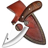WARIVO KNIFE 7 Inch Fixed Blade Gut Hook Knife, D2 Steel, Leather Sheath | Full Tang, Field Processing Knife, Wood Handle, And Leather Sheath For Field Dressing, Skinning, Hunting And Outdoor Use