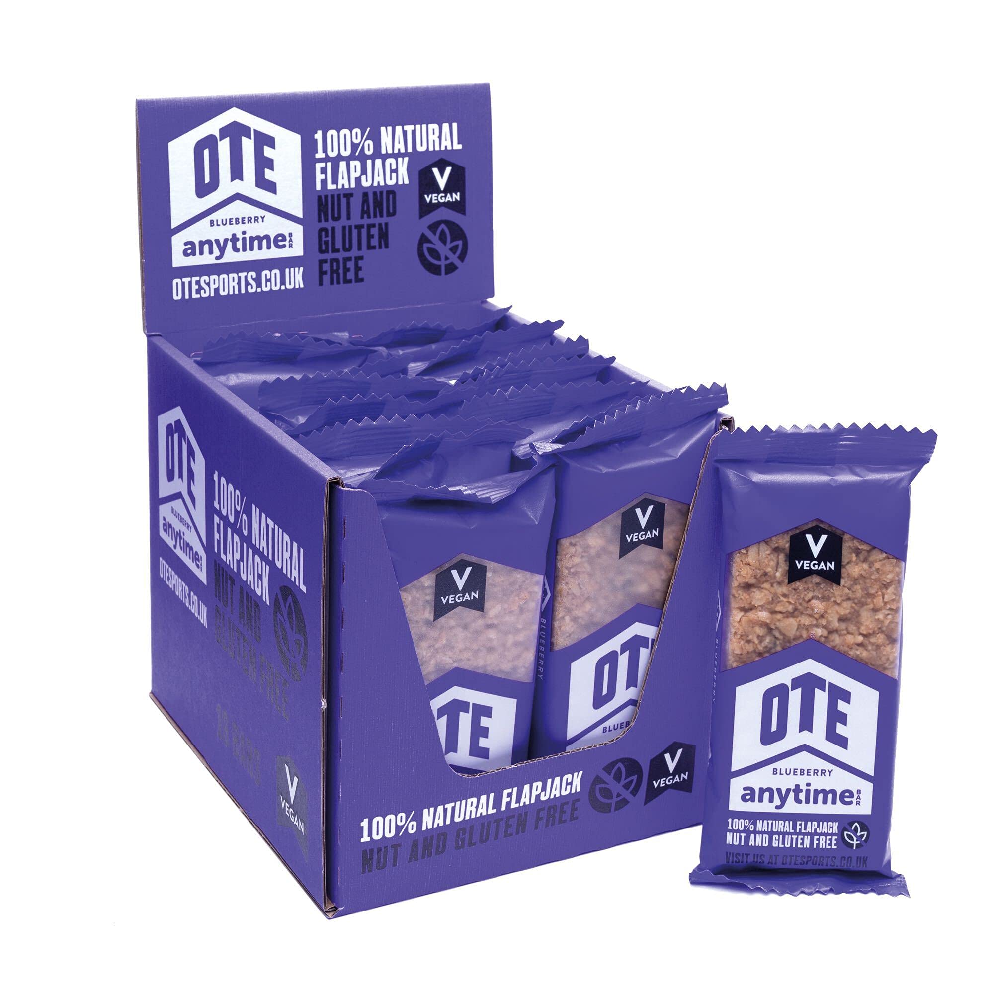 OTE Anytime Bars - Vegan Energy Bars for Cycling - Cycling Nutrition Bars - Nut Free Snacks for Running - Vegan Flapjack Bars - Box of 16 x 62g (Blueberry)