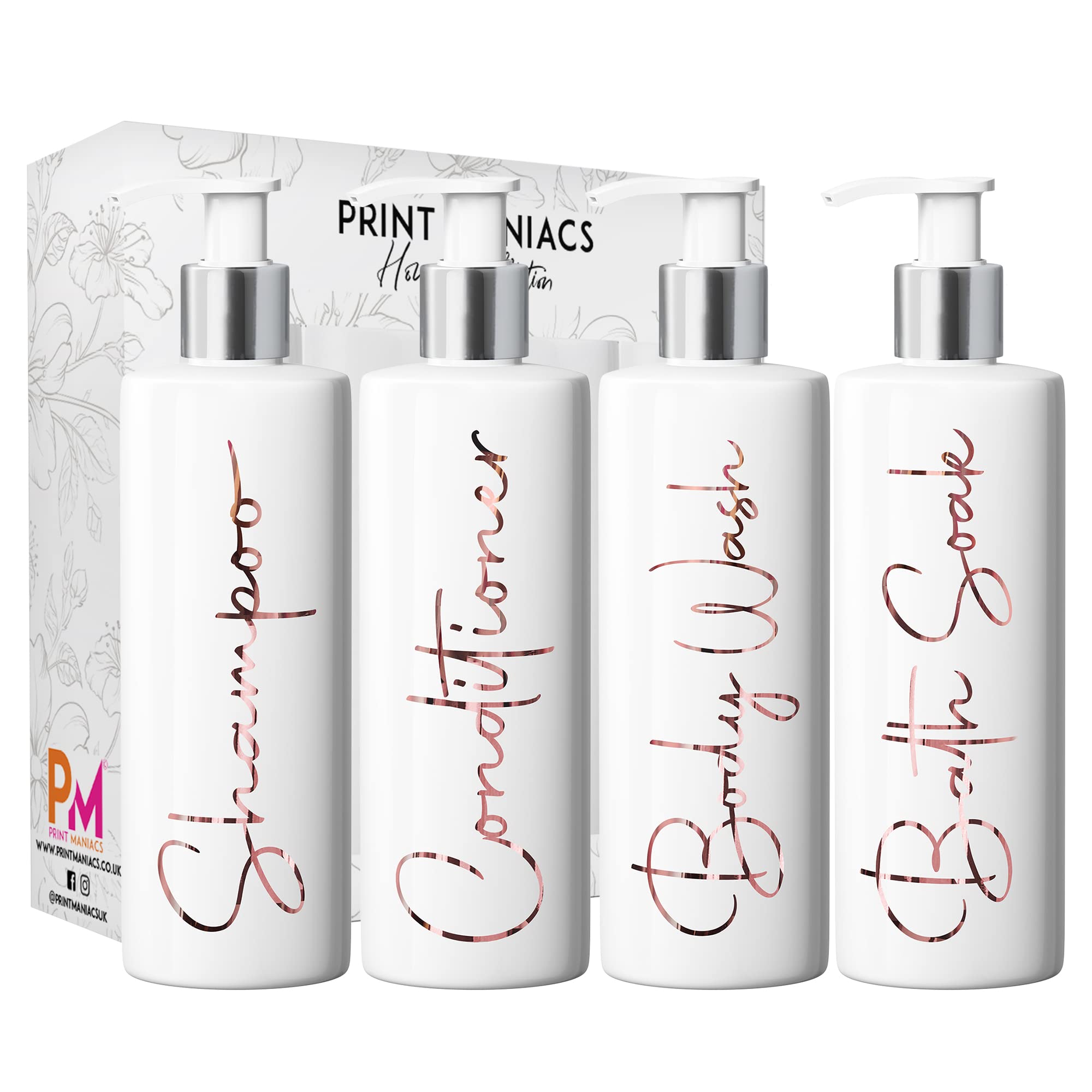 Print Maniacs Mrs Hinch Inspired White Personalised Pump Bottles Bathroom Kitchen Set Shampoo Conditioner Body Wash Bath Soak (F2) (Rose Gold)