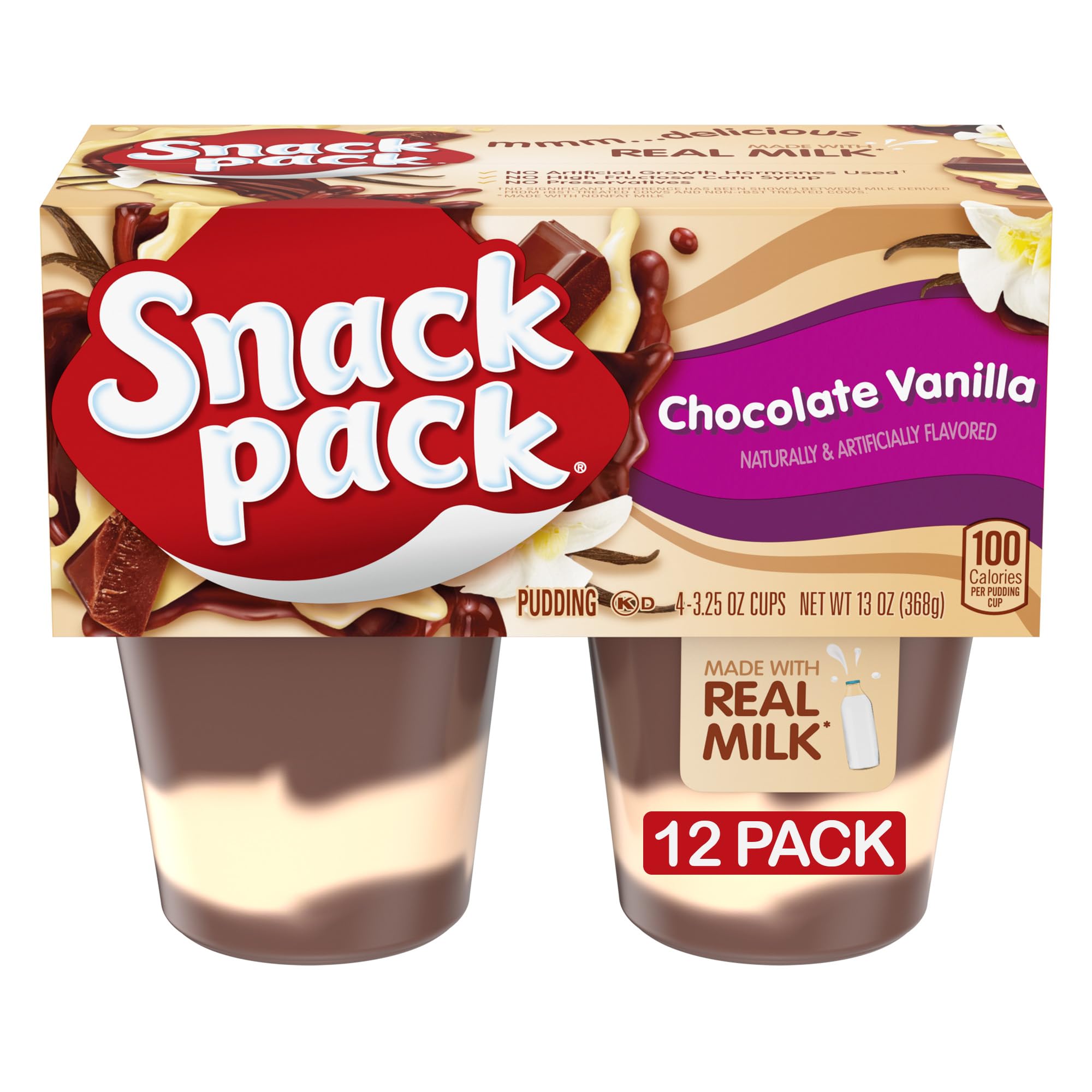 Photo 1 of ***BB 11/13/2025***Snack Pack Chocolate Vanilla Flavored Pudding Cups, 3.25 oz., 4-Count (Pack of 12)