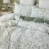 Brandream French Toile Duvet Cover Set Queen Size for Girl Women Bedroom Vintage Sage Green Toile Floral Print 100% Cotton Duvet Quilt Comforter Cover Pillow Shams Set with Delicate Ruffle Fringe