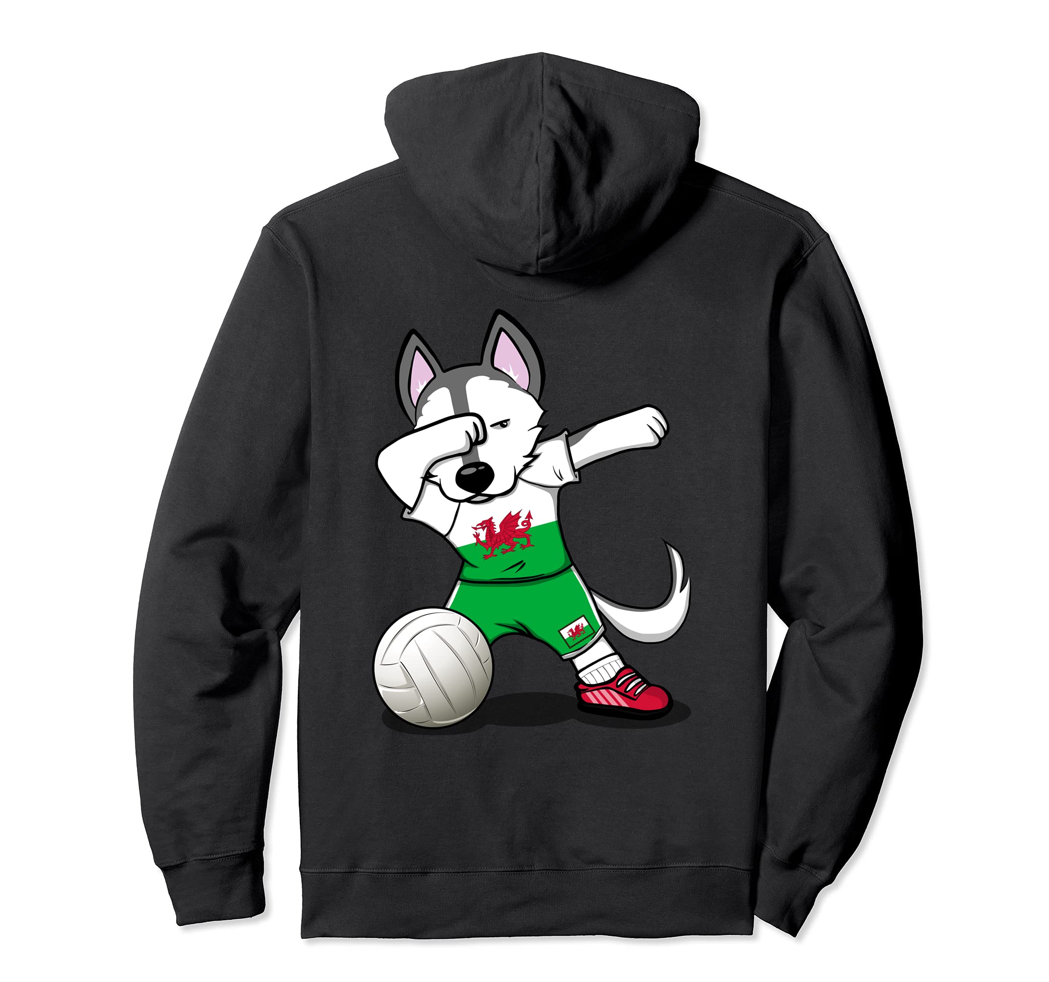 Dabbing Husky Dog Wales Volleyball Fans Jersey - Welsh Flag Pullover Hoodie