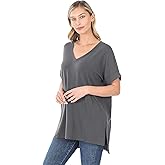 Zenana Rolled Sleeve Side Slit HI-Low Hem TOP Ash Grey S
