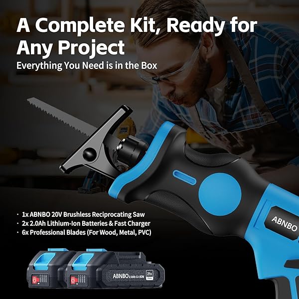 20V CORDLESS RECIPROCATING SAW, BRUSHLESS ELECTRIC RECIPROCATING SAW WITH 2 BATTERIES AND 6 BLADES,TOOL-FREE BLADE CHANGE, PORTABLE POWER RECIPROCATING SAW FOR CUTTING WOOD, METAL, PVC