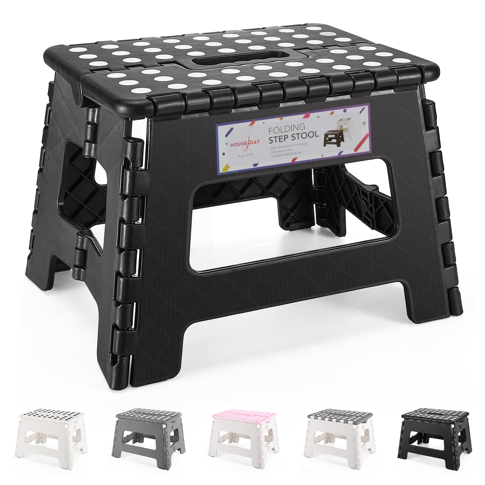 HOUSE DAY Folding Step Stool 9 Inch, Sturdy Foldable Stool with Carry Handle, Collapsible Step with Non-Slip Surface for Kids and Adults, Compact Design for Kitchen, Bathroom, Camping-Black