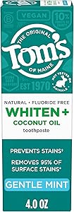Tom's of Maine Whiten Plus Coconut Oil Fluoride Free Toothpaste, Natural Whitening Toothpaste with Coconut Oil and Plant-Base