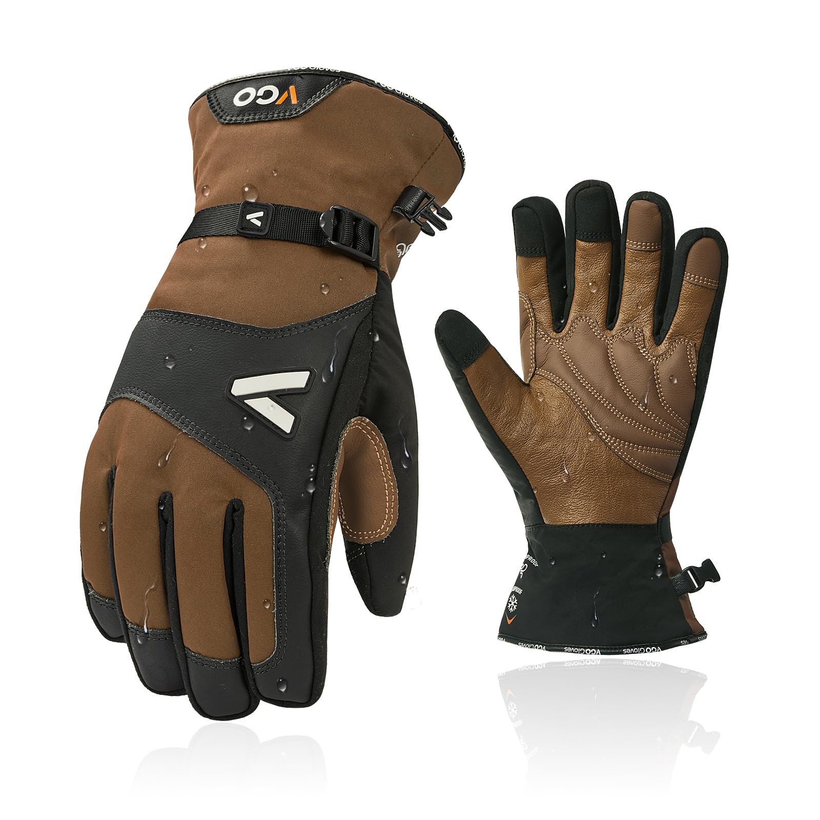 Vgo... Thermal Waterproof Gloves Men in Winter, Utility Touchscreen Gloves for Working Walking Freezer Warehouse Scooter Delivery (Brown-GA7760FLWP, L,Pack of 1)