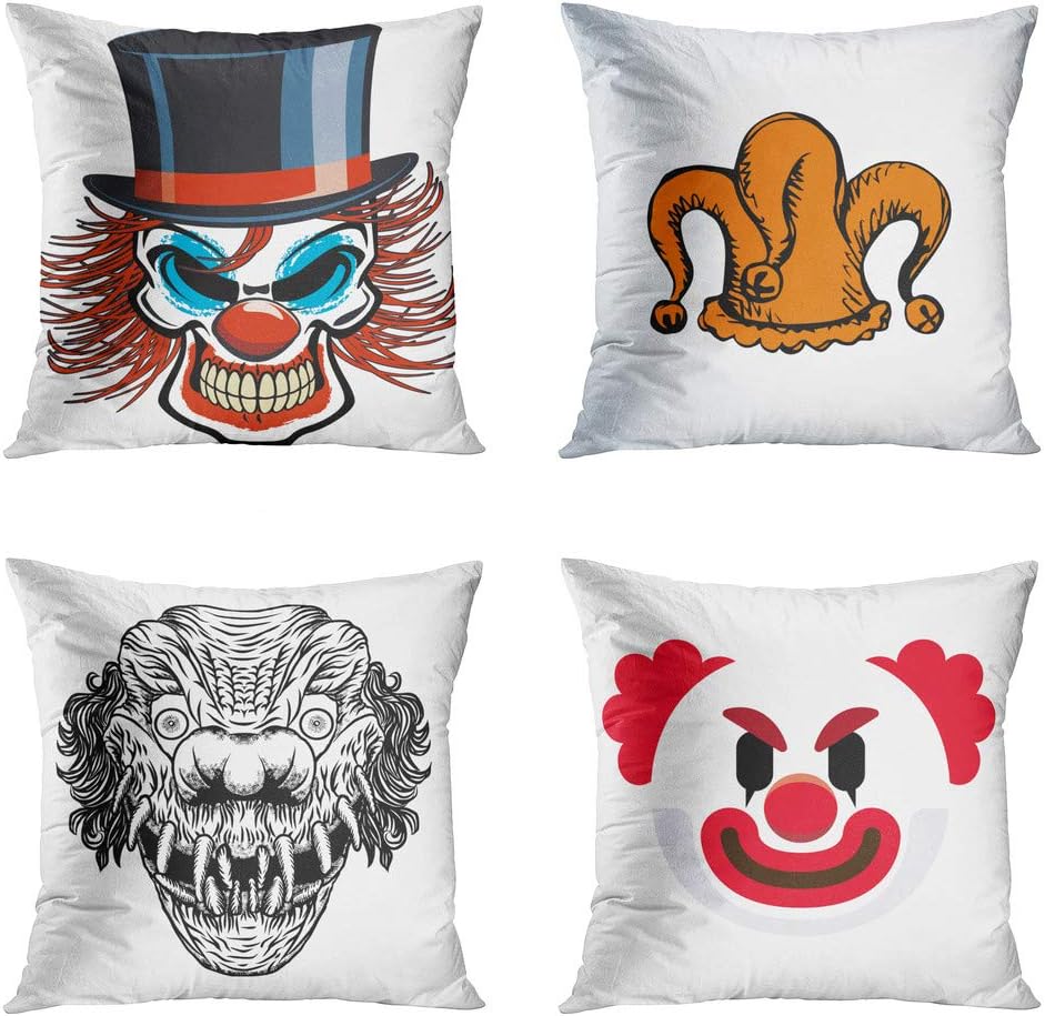 Moladika Set of 4 Throw Pillow Covers 20x20 Inch Square Skull Clown Top Hat Aged Fashion Gambler Court Cockscomb Man Scary Cartoon Blackwork Adult Emoji Cushion Home Decor Sofa Bedroom Pillowcase